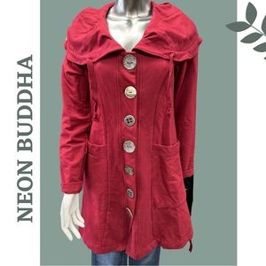 Neon Buddha Red Trench Coat with Unique Buttons